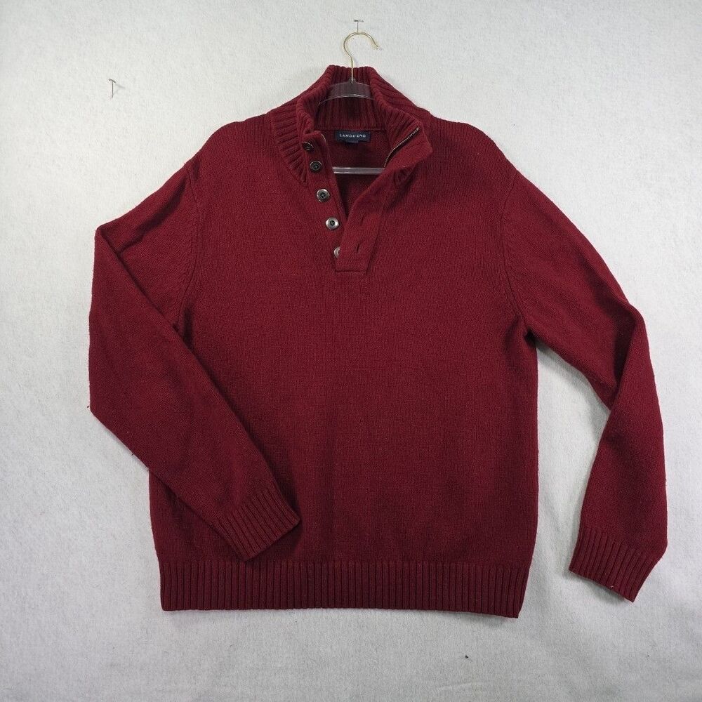 Lands’ End Quarter-Zip Fisherman Sweater Men’s Size L Wool Blend Merino Burgundy